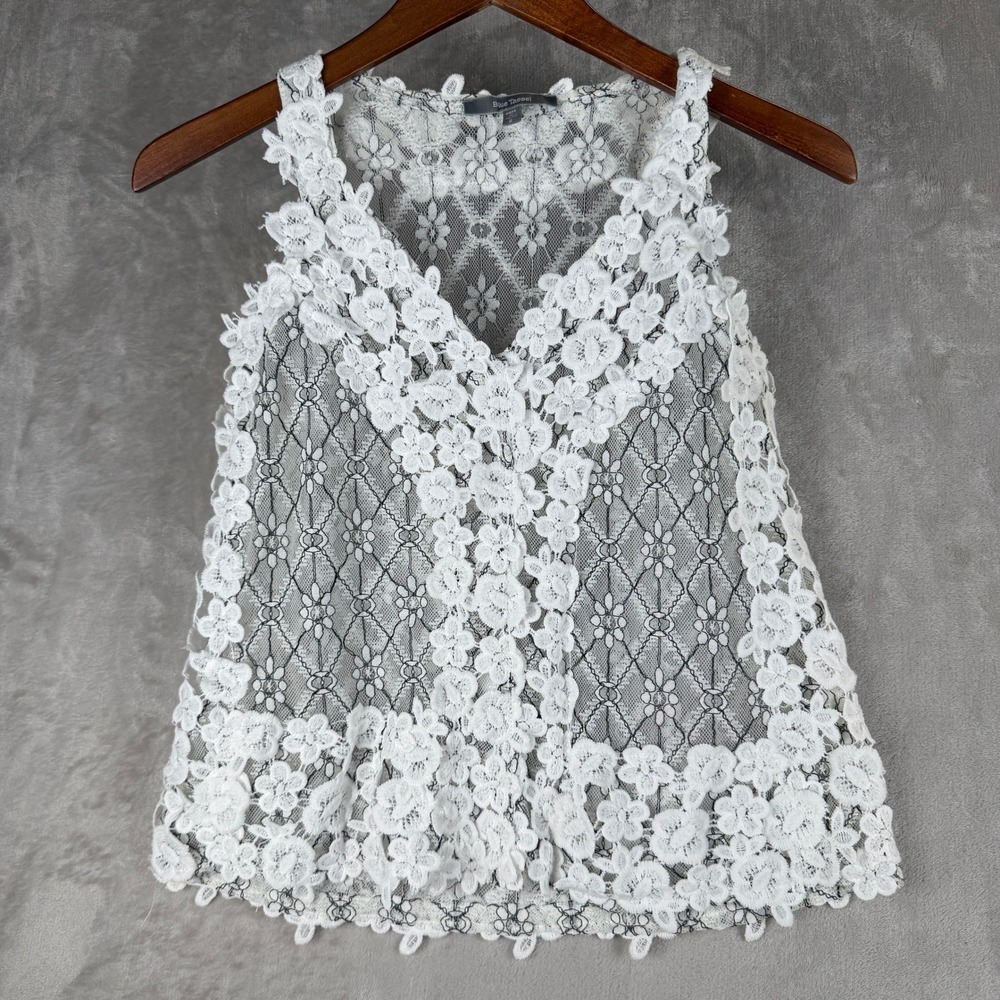 Blue Tassel Womens Small White Floral Lace Sheer Sleeveless V-Neck‎ Tank Top